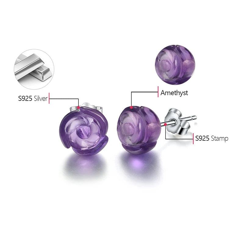 Natural Quartz Amethyst Rose Flower Stud Earrings Real 925 Sterling Silver Earrings for Women