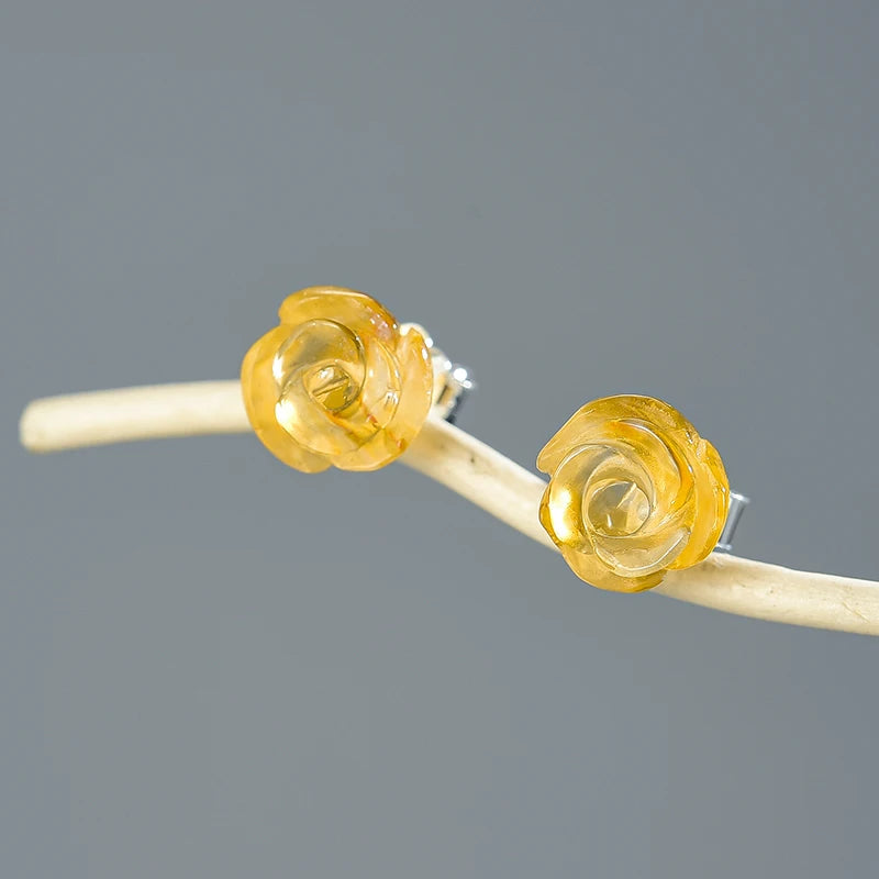 Natural Quartz Amethyst Rose Flower Stud Earrings Real 925 Sterling Silver Earrings for Women