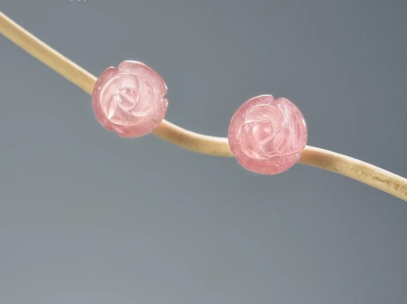 Natural Quartz Amethyst Rose Flower Stud Earrings Real 925 Sterling Silver Earrings for Women