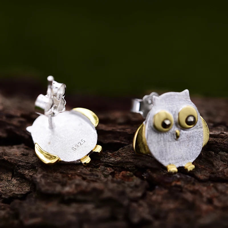 925 Sterling Silver Natural Creative Cute Owl Stud Earrings for Women