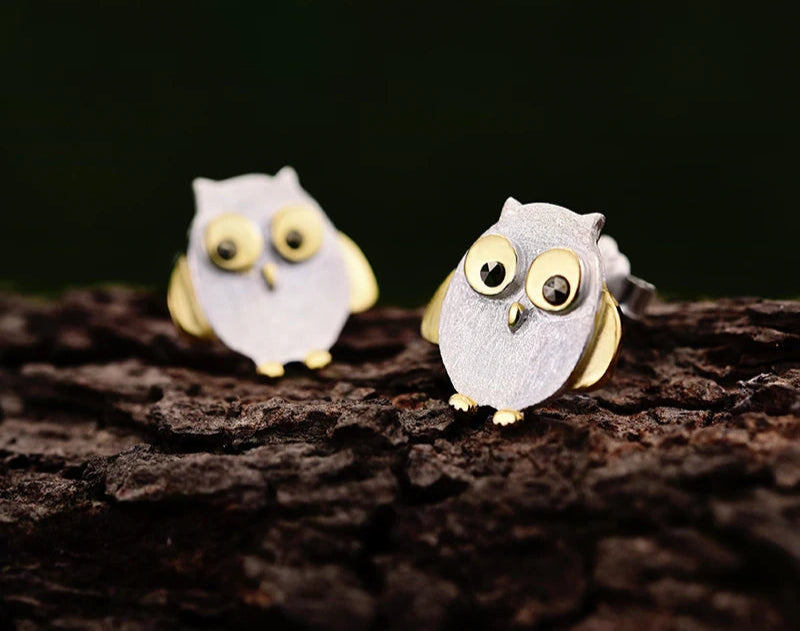 925 Sterling Silver Natural Creative Cute Owl Stud Earrings for Women