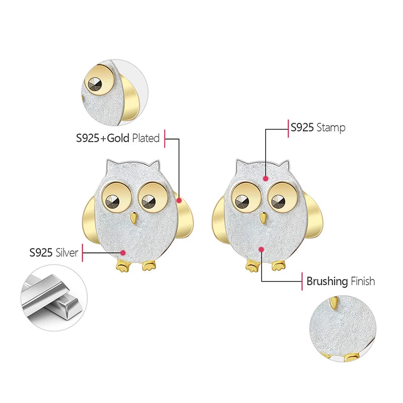 925 Sterling Silver Natural Creative Cute Owl Stud Earrings for Women