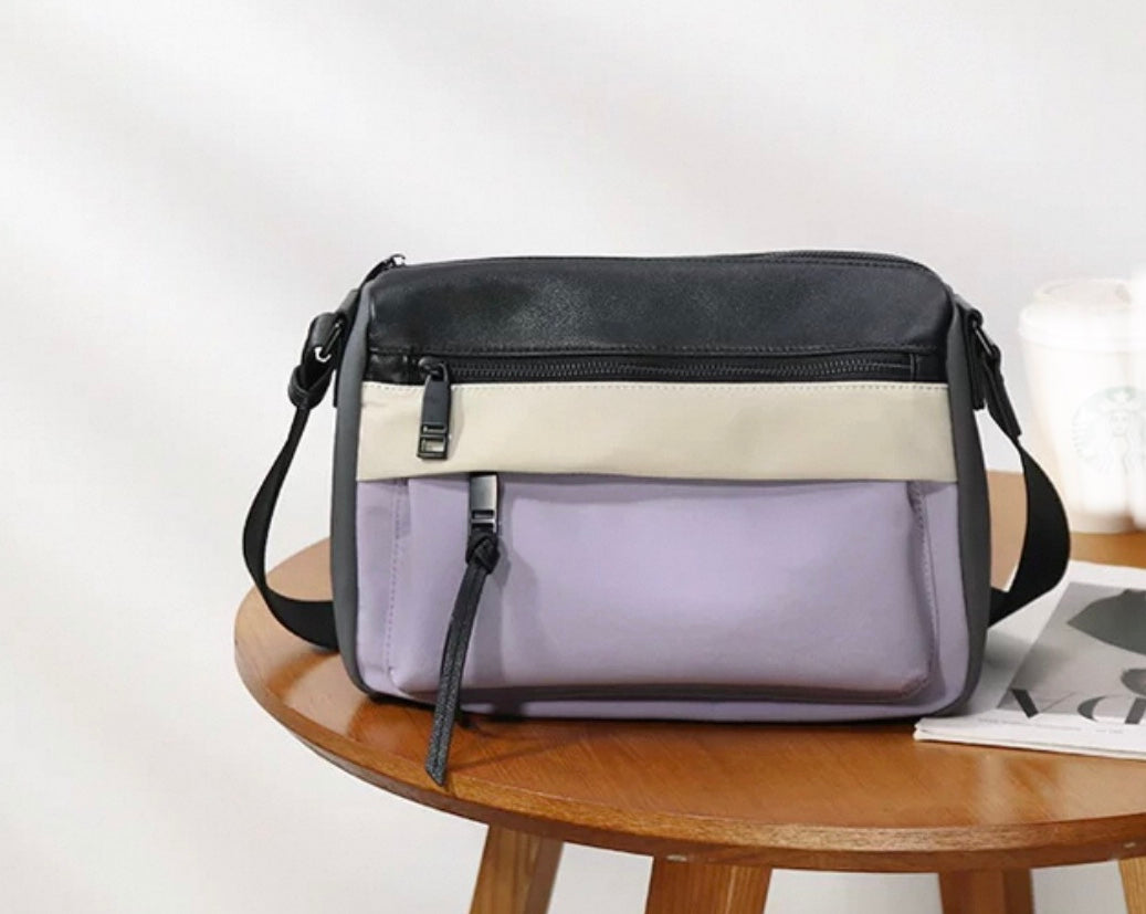 Waterproof nylon oxford cloth with genuine leather women's bag contrast color versatile casual crossbody bag