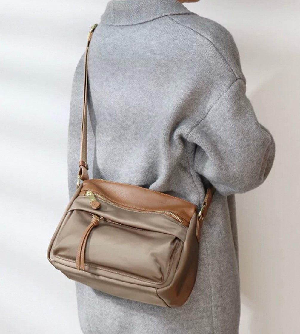 Waterproof nylon oxford cloth with genuine leather women's bag contrast color versatile casual crossbody bag