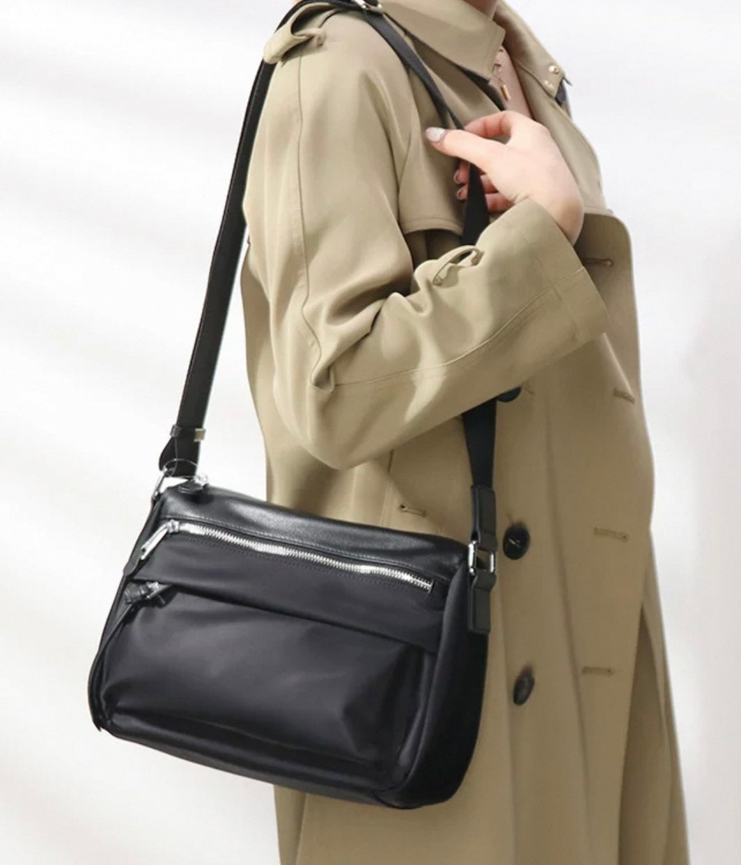 Waterproof nylon oxford cloth with genuine leather women's bag contrast color versatile casual crossbody bag