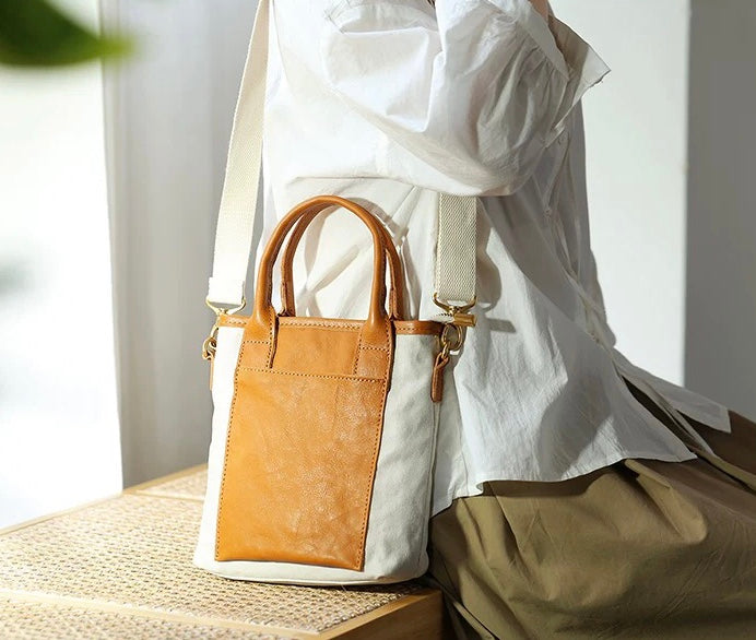 Cross-body canvas bag, women genuine leather handbag casual shoulder bag