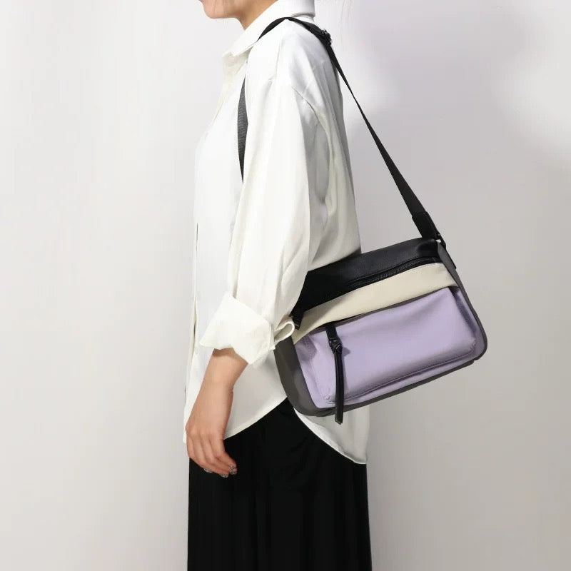 Waterproof nylon oxford cloth with genuine leather women's bag contrast color versatile casual crossbody bag
