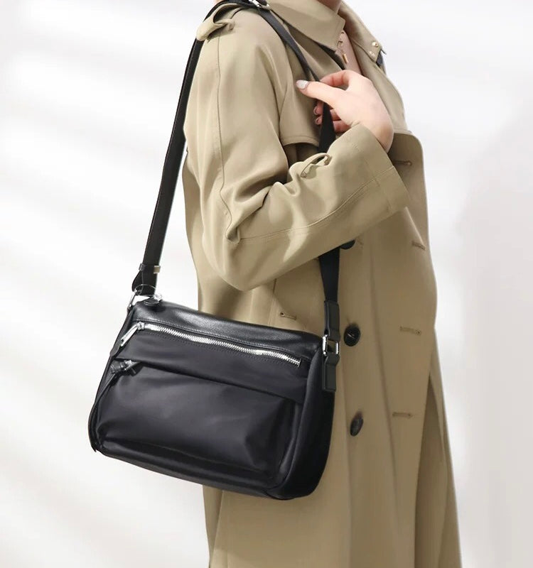 Waterproof nylon oxford cloth with genuine leather women's bag contrast color versatile casual crossbody bag