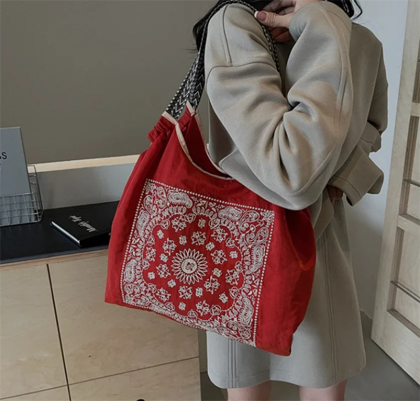  Fashion Nylon Embroidered Women's Shoulder Bag Large Capacity Shopping Bag 