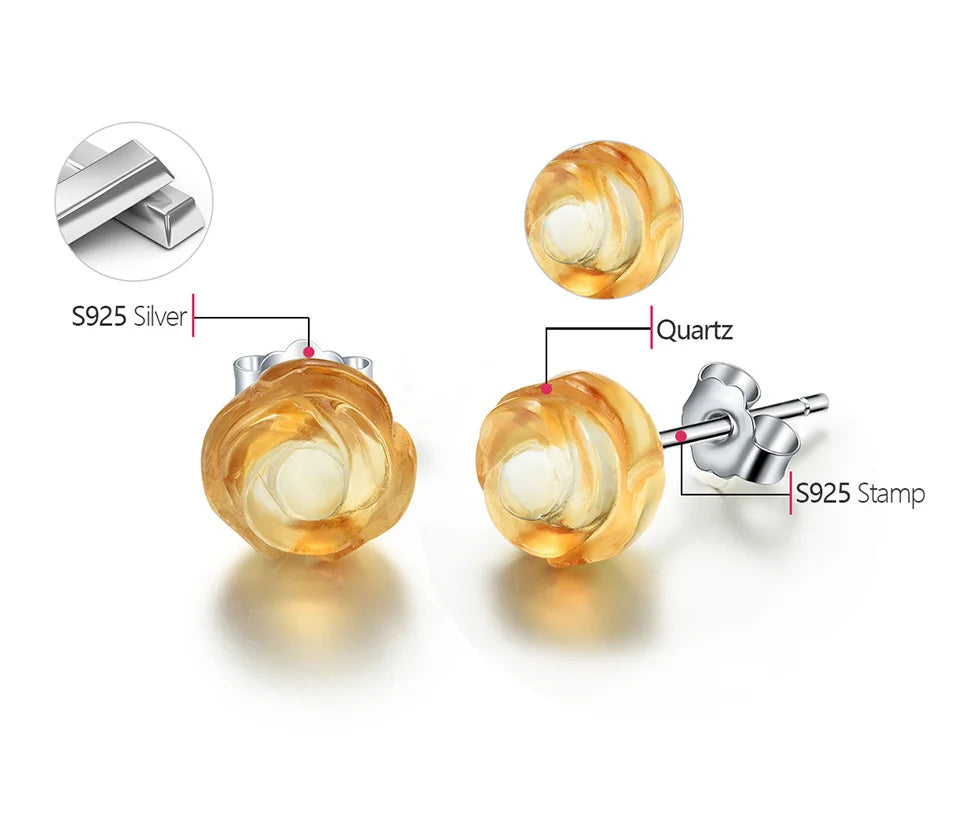 Natural Quartz Amethyst Rose Flower Stud Earrings Real 925 Sterling Silver Earrings for Women