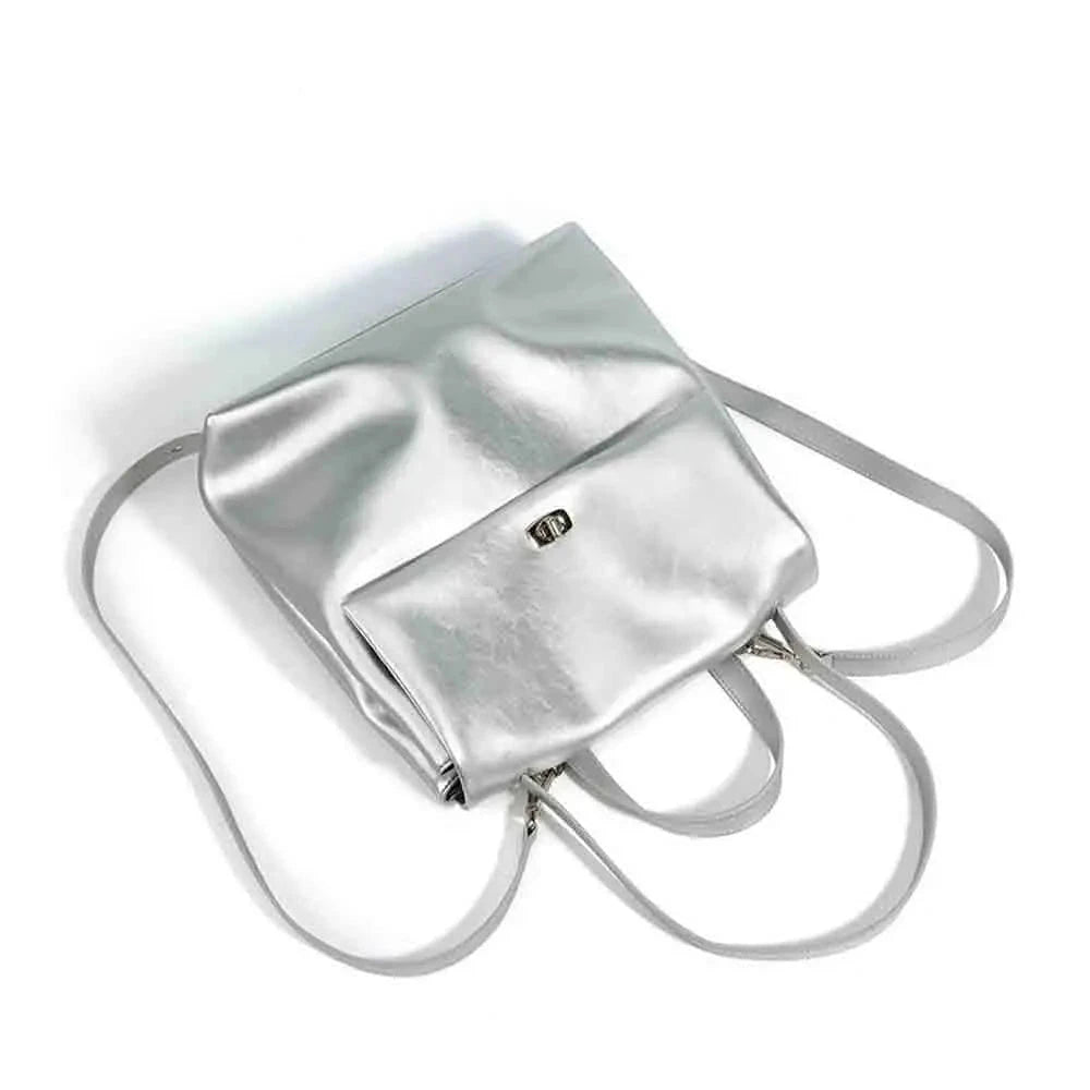 Women Fashion Silver Backpack Genuine Leather Lady Backpack