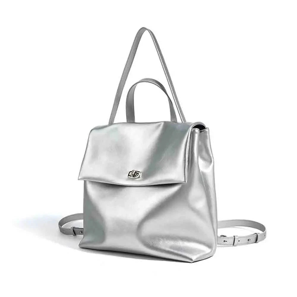 Women Fashion Silver Backpack Genuine Leather Lady Backpack
