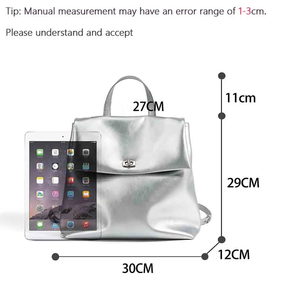 Women Fashion Silver Backpack Genuine Leather Lady Backpack