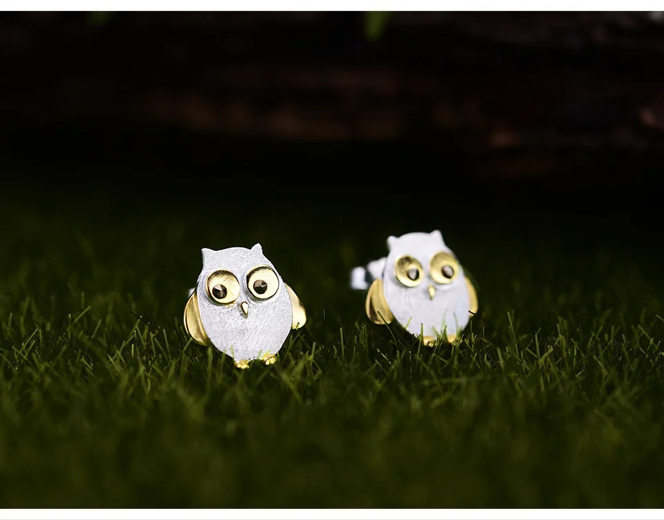 925 Sterling Silver Natural Creative Cute Owl Stud Earrings for Women