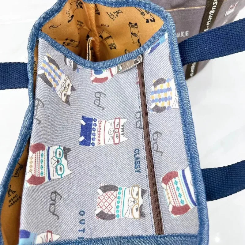 Cat Back To School Anime Cartoon Embroidered Bucket Bag Printing Tote Bag