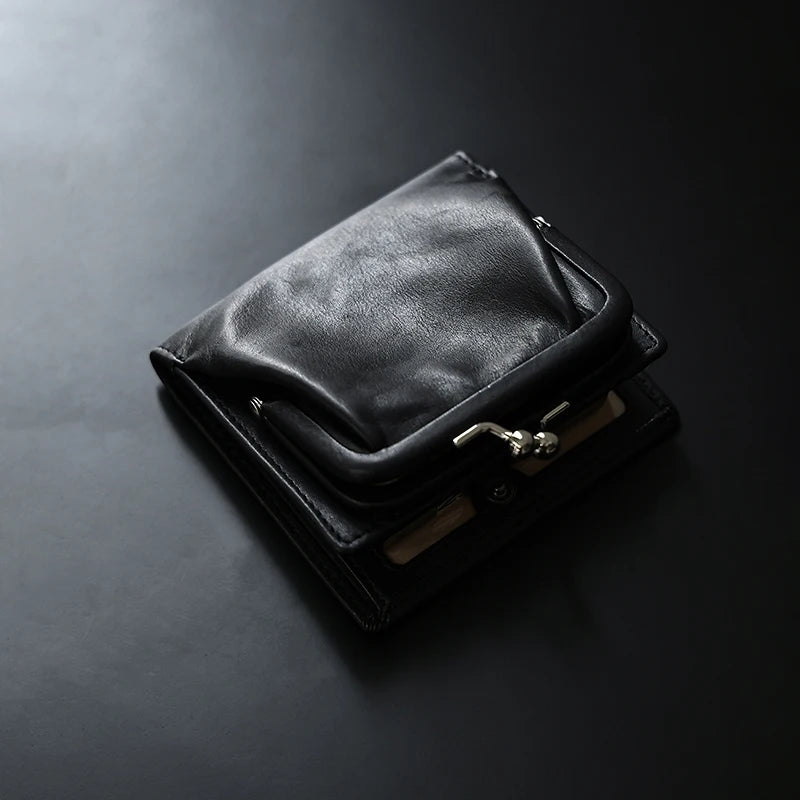 Genuine Cow Leather Small Women's Purse Card Holder With Kiss Lock Coin Pocket Bag