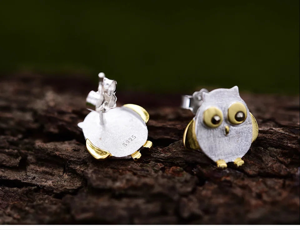 925 Sterling Silver Natural Creative Cute Owl Stud Earrings for Women