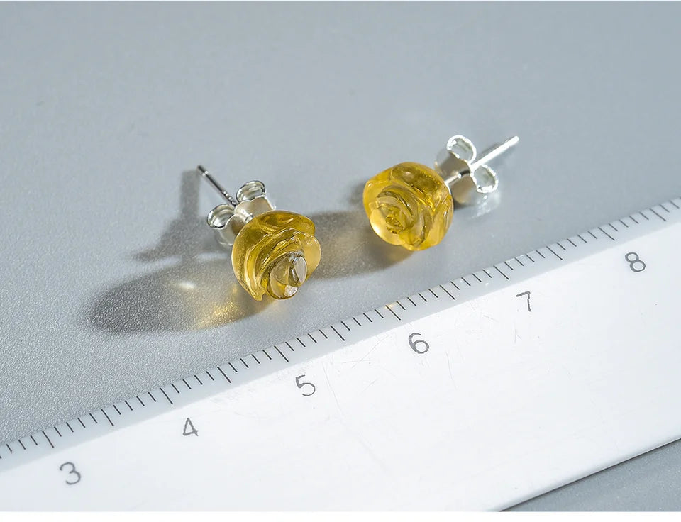 Natural Quartz Amethyst Rose Flower Stud Earrings Real 925 Sterling Silver Earrings for Women