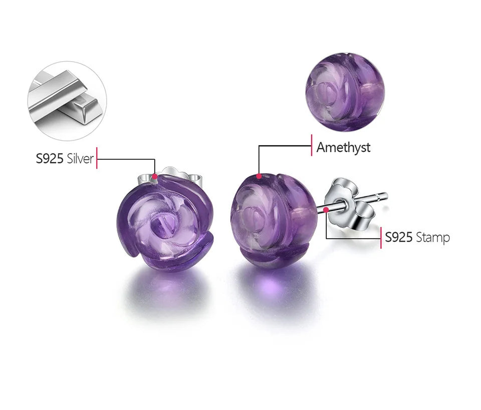 Natural Quartz Amethyst Rose Flower Stud Earrings Real 925 Sterling Silver Earrings for Women