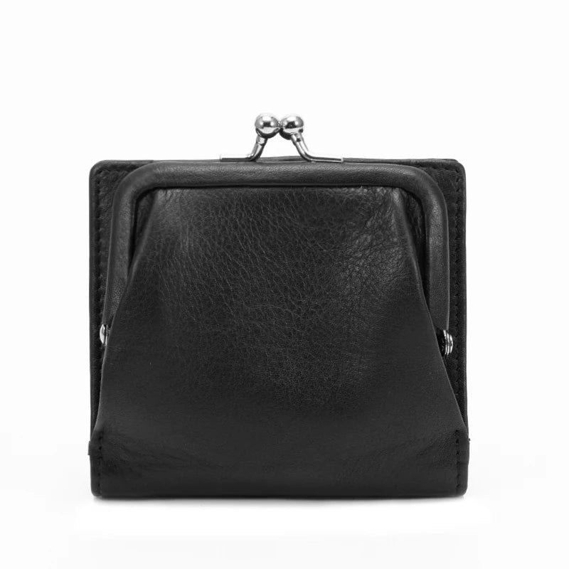 Genuine Cow Leather Small Women's Purse Card Holder With Kiss Lock Coin Pocket Bag