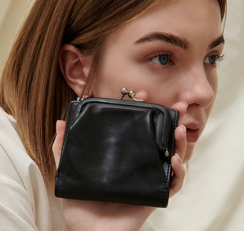 Genuine Cow Leather Small Women's Purse Card Holder With Kiss Lock Coin Pocket Bag