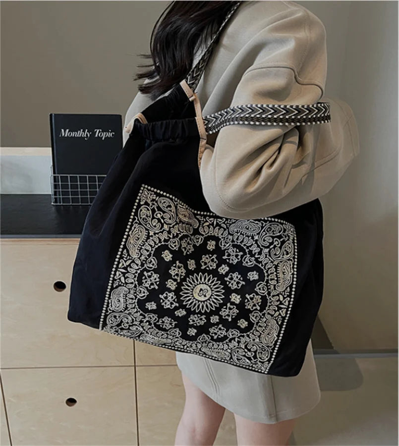  Fashion Nylon Embroidered Women's Shoulder Bag Large Capacity Shopping Bag 