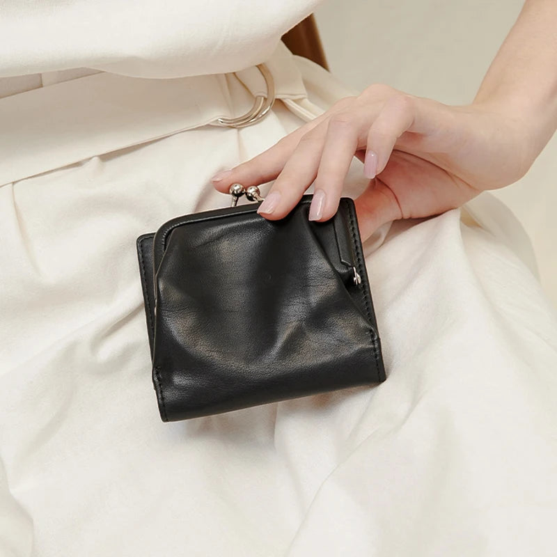 Genuine Cow Leather Small Women's Purse Card Holder With Kiss Lock Coin Pocket Bag