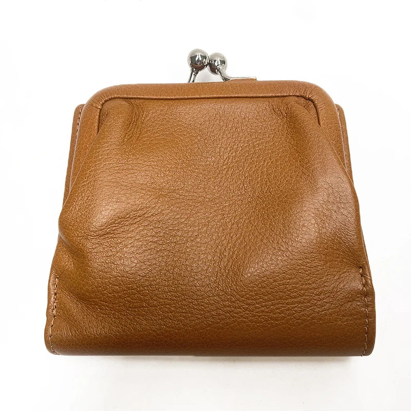 Genuine Cow Leather Small Women's Purse Card Holder With Kiss Lock Coin Pocket Bag