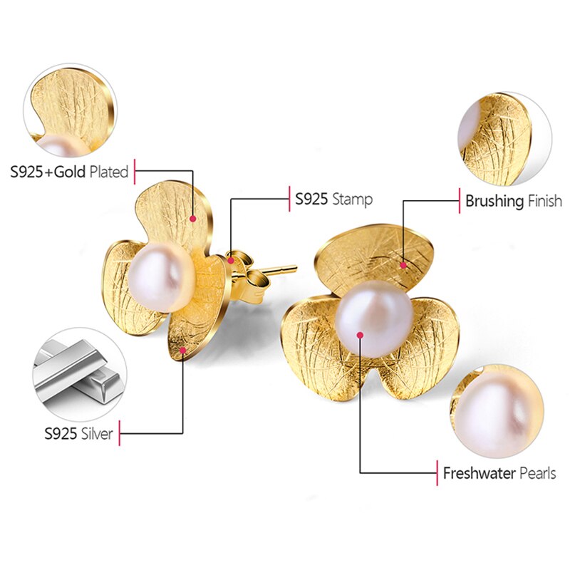 925 Sterling Silver Natural Pearl Jewelry Flower Stud Earrings for Women
