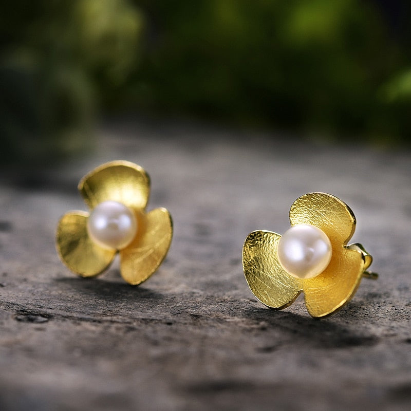 925 Sterling Silver Natural Pearl Jewelry Flower Stud Earrings for Women