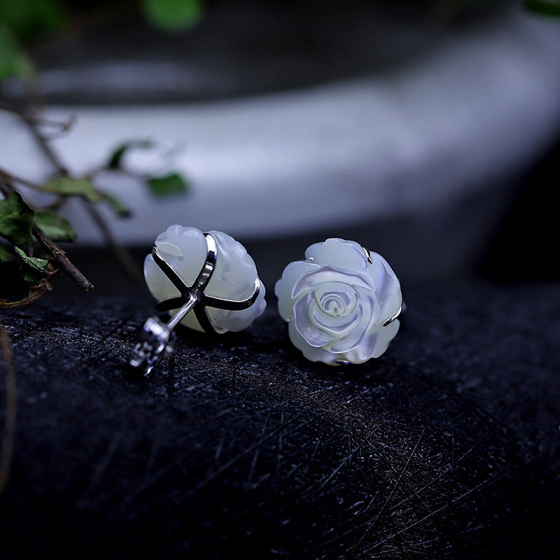 Natural Shell Flower Earrings for Women Stud 925 Silver