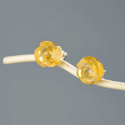 Natural Quartz Amethyst Rose Flower Stud Earrings Real 925 Sterling Silver Earrings for Women