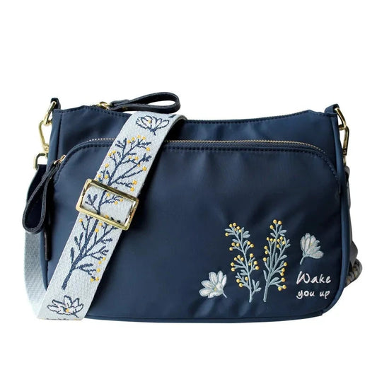 Flower Embroidery Wide Strap Crossbody Bag for Women Nylon Casual Shoulder Bag Women's Messenger Bag Daily Use