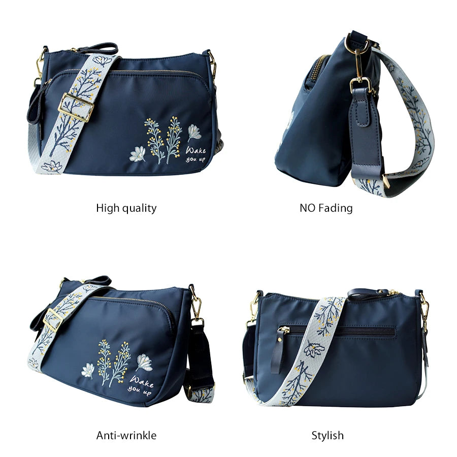 Flower Embroidery Wide Strap Crossbody Bag for Women Nylon Casual Shoulder Bag Women's Messenger Bag Daily Use