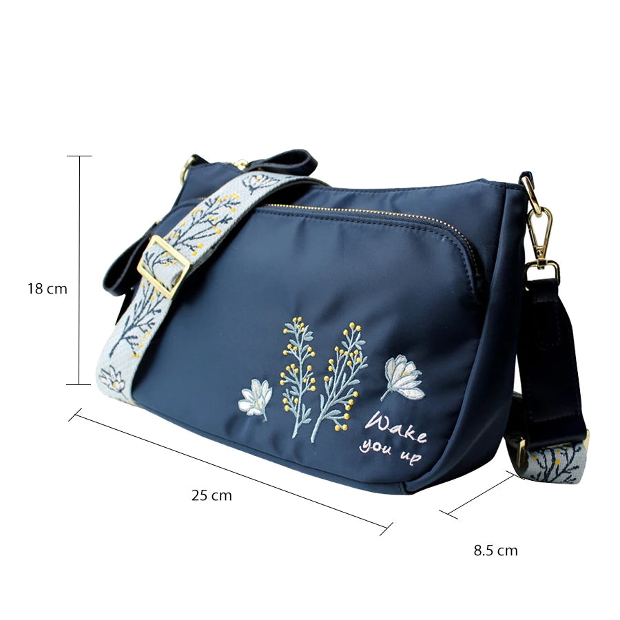 Flower Embroidery Wide Strap Crossbody Bag for Women Nylon Casual Shoulder Bag Women's Messenger Bag Daily Use