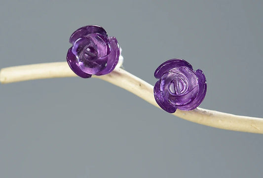 Natural Quartz Amethyst Rose Flower Stud Earrings Real 925 Sterling Silver Earrings for Women
