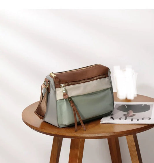 Waterproof nylon oxford cloth with genuine leather women's bag contrast color versatile casual crossbody bag
