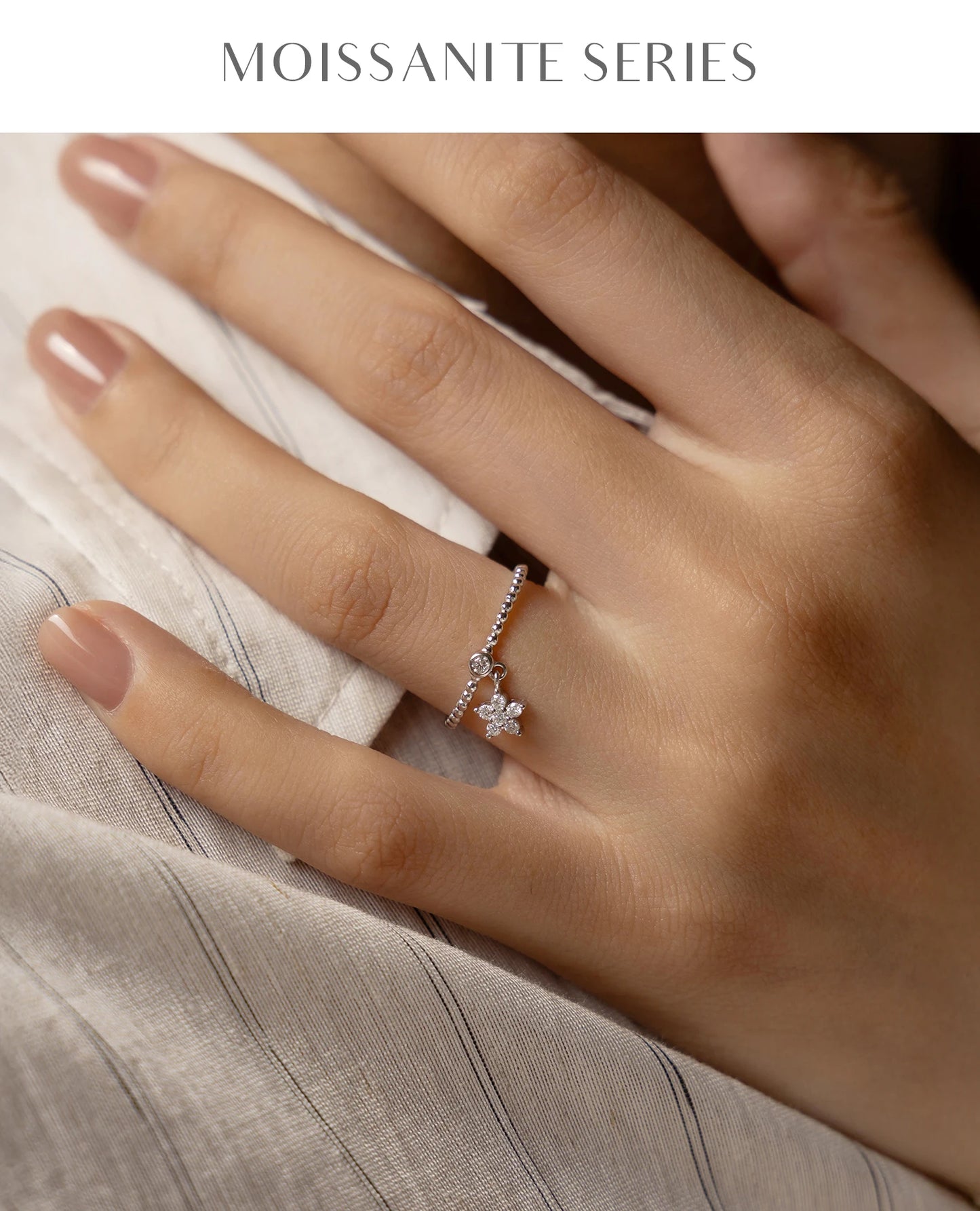 D Color Flowers Moissanite Rings 925 Sterling Silver Beads Shiny Stars Swing Pendant Ring For Women
