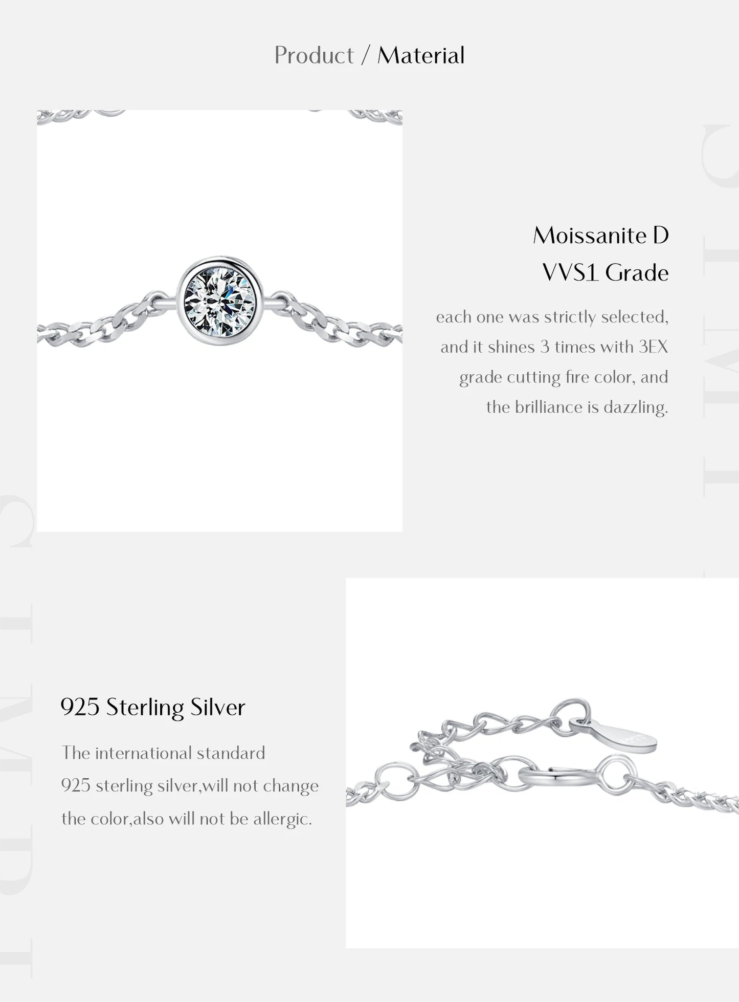 0.25CT Moissanite Bezel Setting Bracelet For Women Diamond 925 Sterling Silver Elegant Chain Bracelet