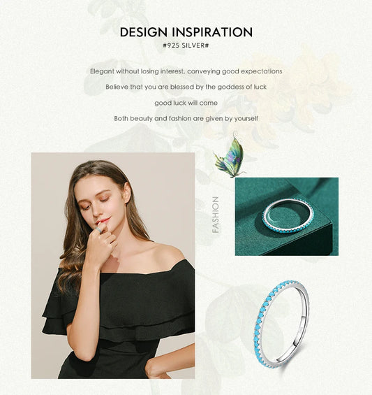 925 Sterling Silver Classic Exquisite Circle Turquoise Charm Stackable Finger Ring For Women
