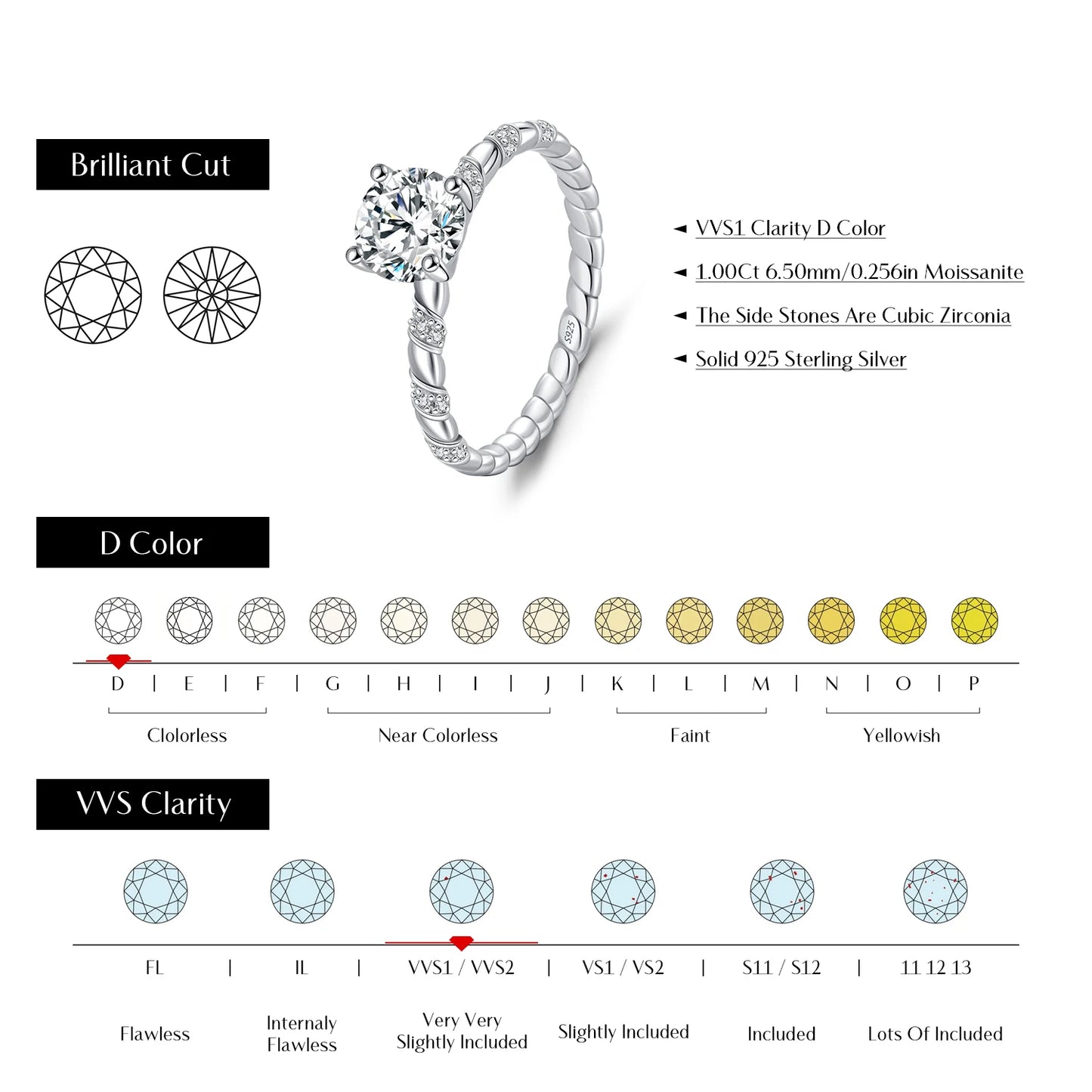 1CT Moissanite 925 Sterling Silver Sparkling Twist Lab Created Diamond Wedding Band Rings For Women