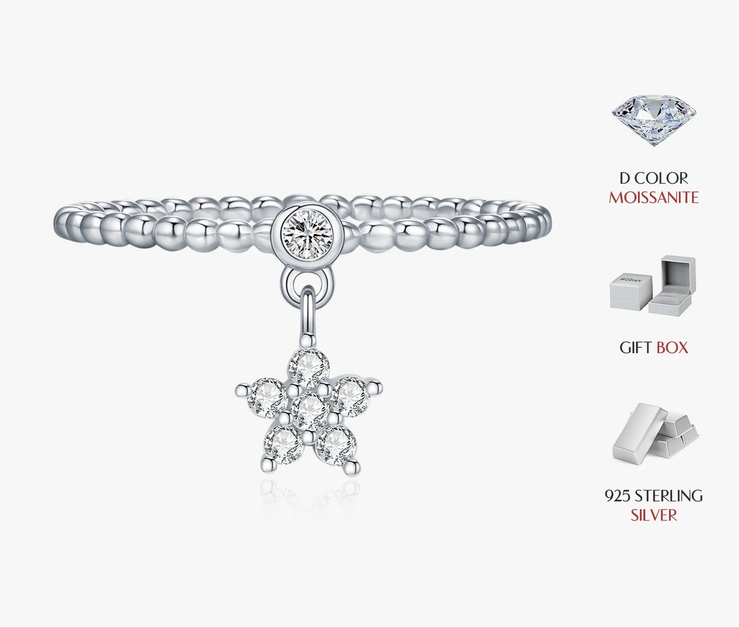 D Color Flowers Moissanite Rings 925 Sterling Silver Beads Shiny Stars Swing Pendant Ring For Women