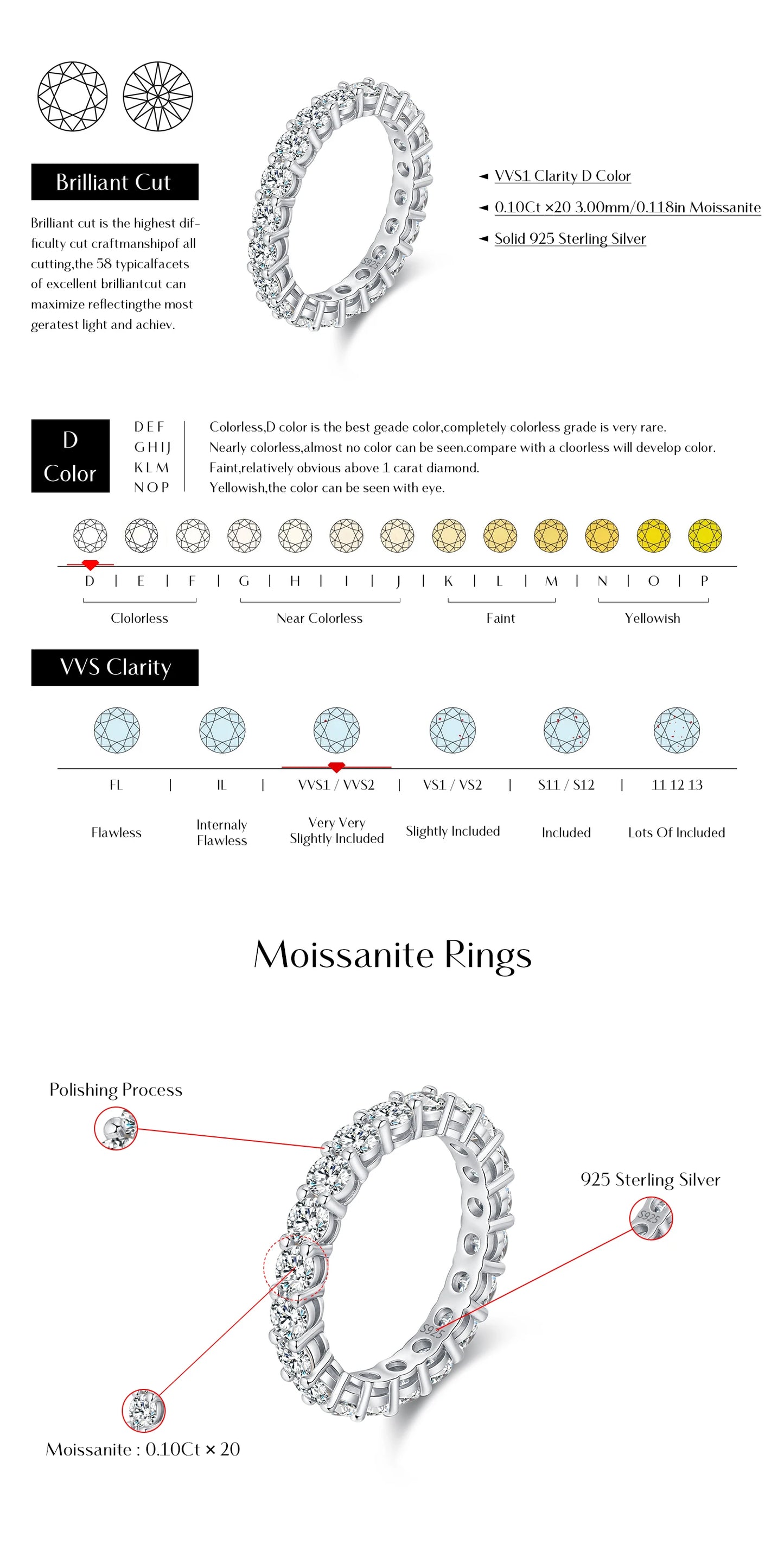Dazzling D Color Moissanite Eternity Rings 925 Sterling Silver Ring For Women