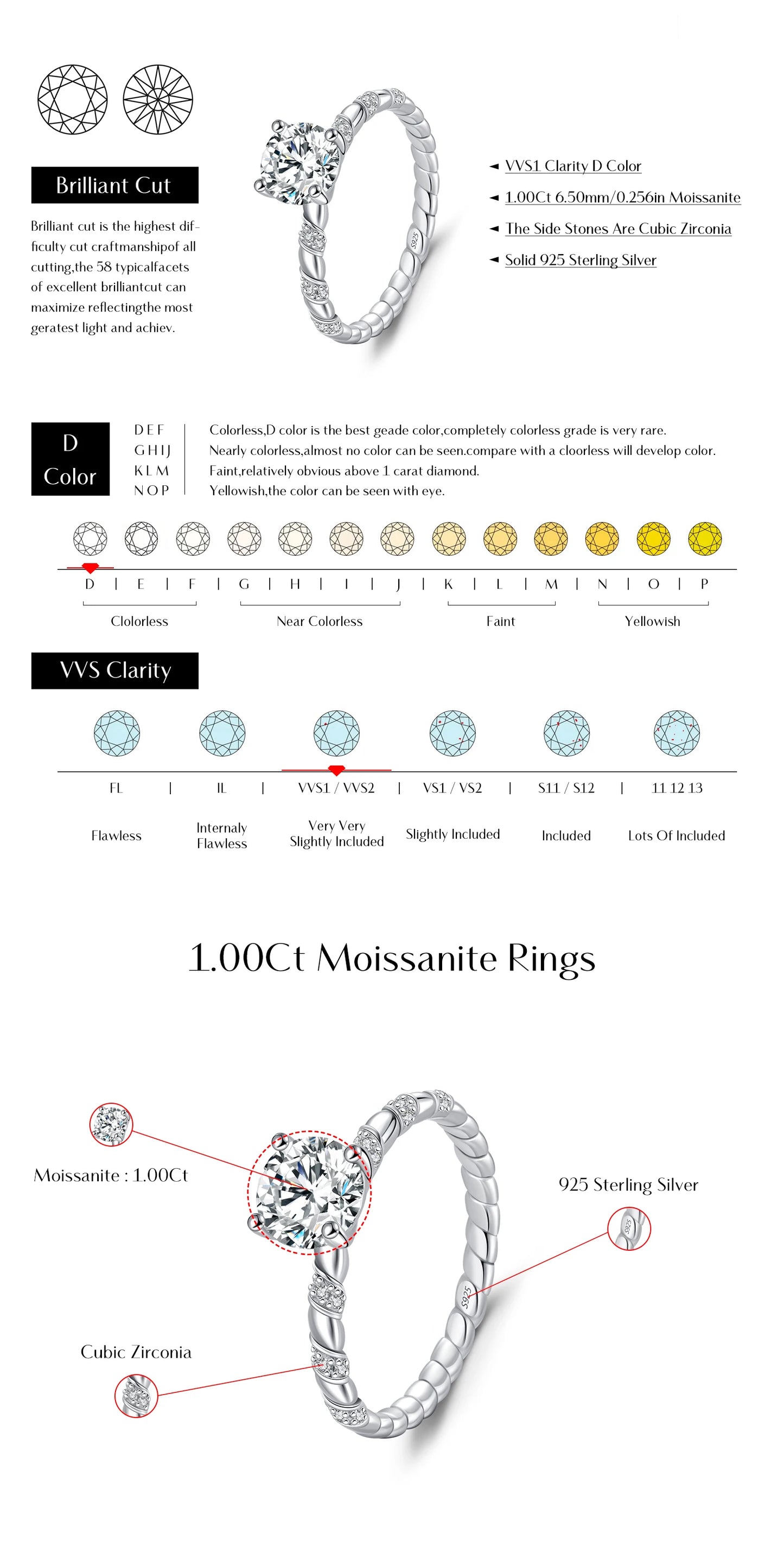 1CT Moissanite 925 Sterling Silver Sparkling Twist Lab Created Diamond Wedding Band Rings For Women