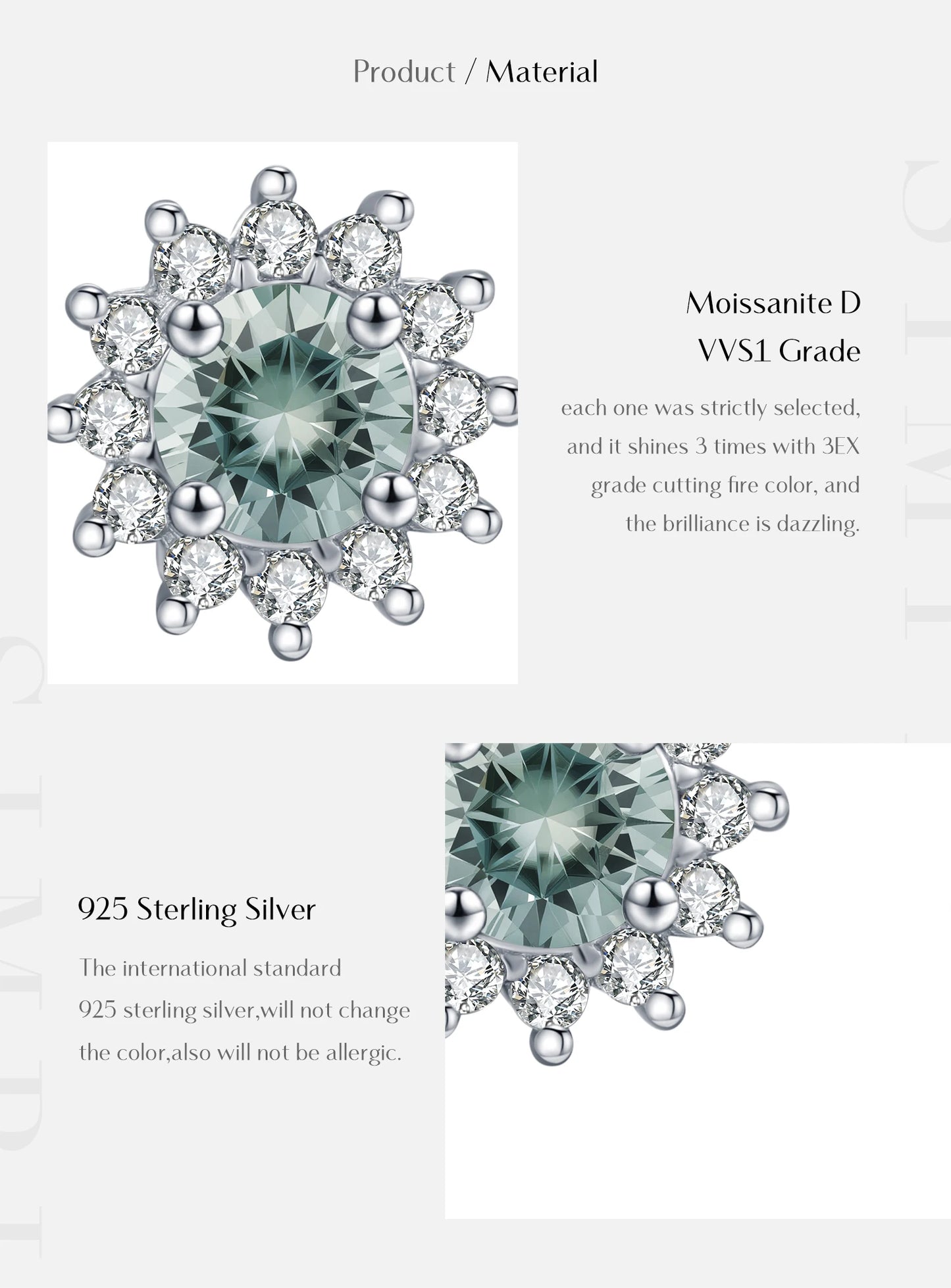 1CT Green Moissanite Classic Earrings 925 Sterling Silver Sparkling Sun Stud Earrings For Women