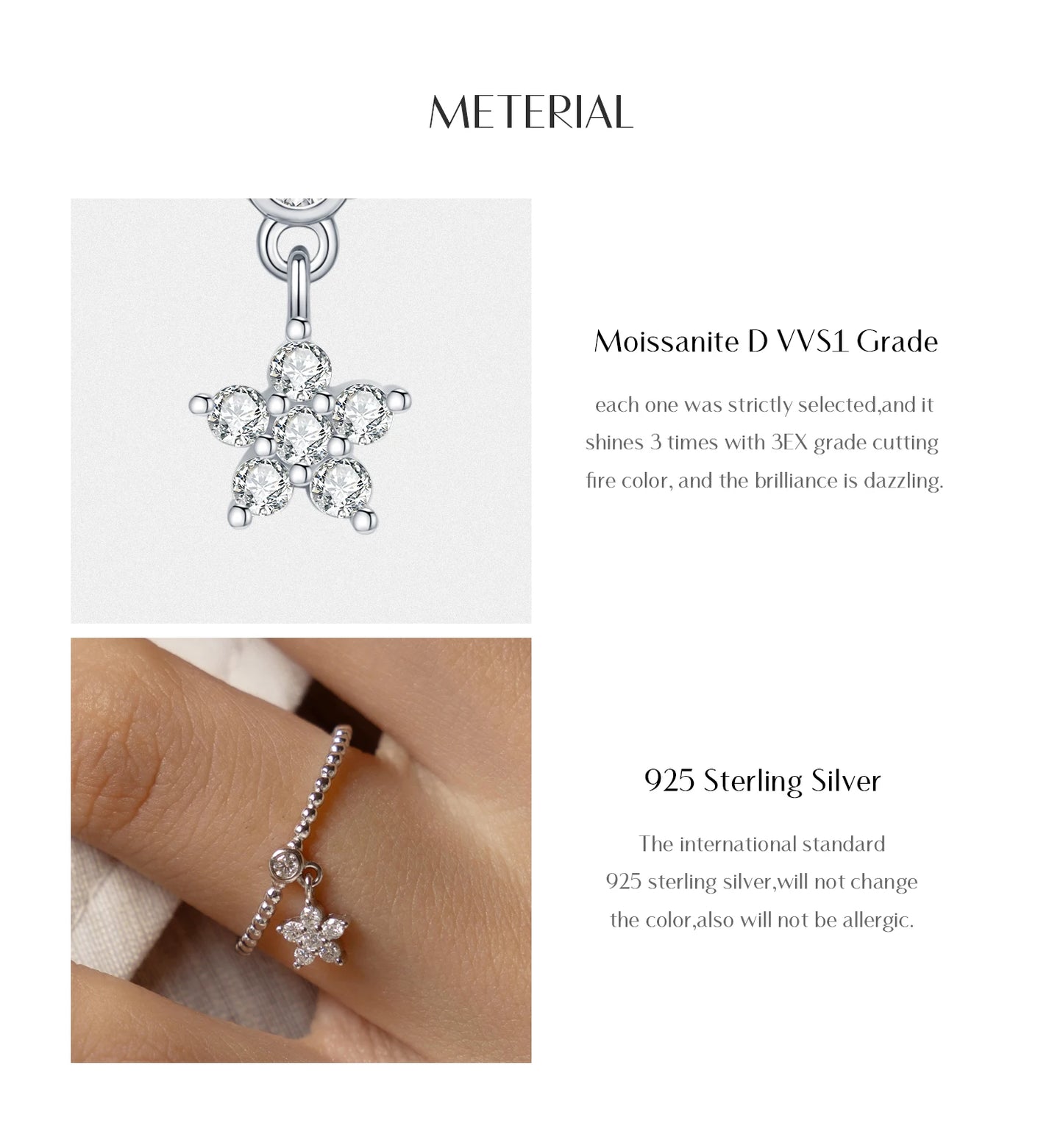 D Color Flowers Moissanite Rings 925 Sterling Silver Beads Shiny Stars Swing Pendant Ring For Women