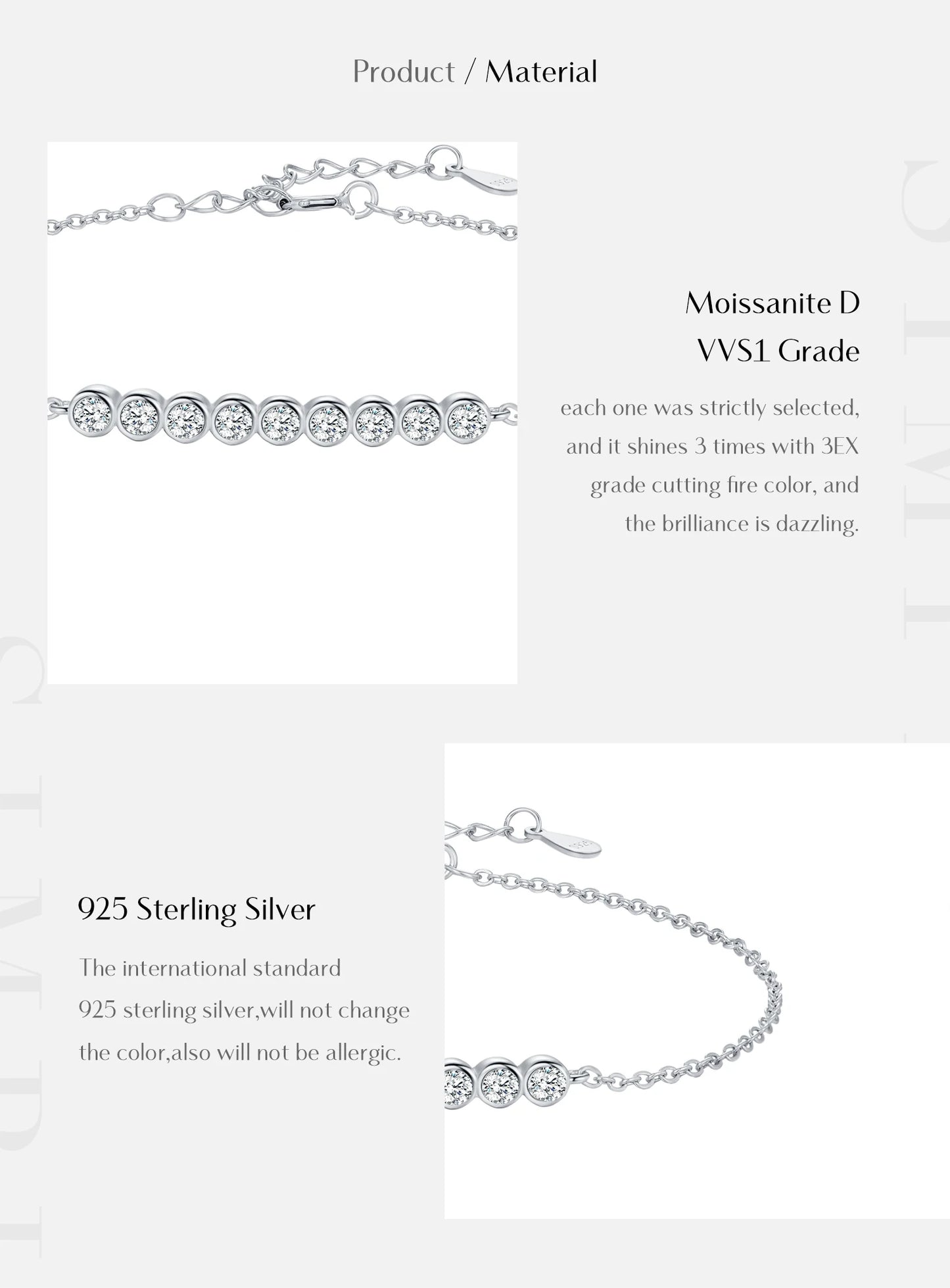 D Color Moissanite 925 Sterling Silver Simple Bracelet Round Lab Diamond Chain Link Jewelry For Women