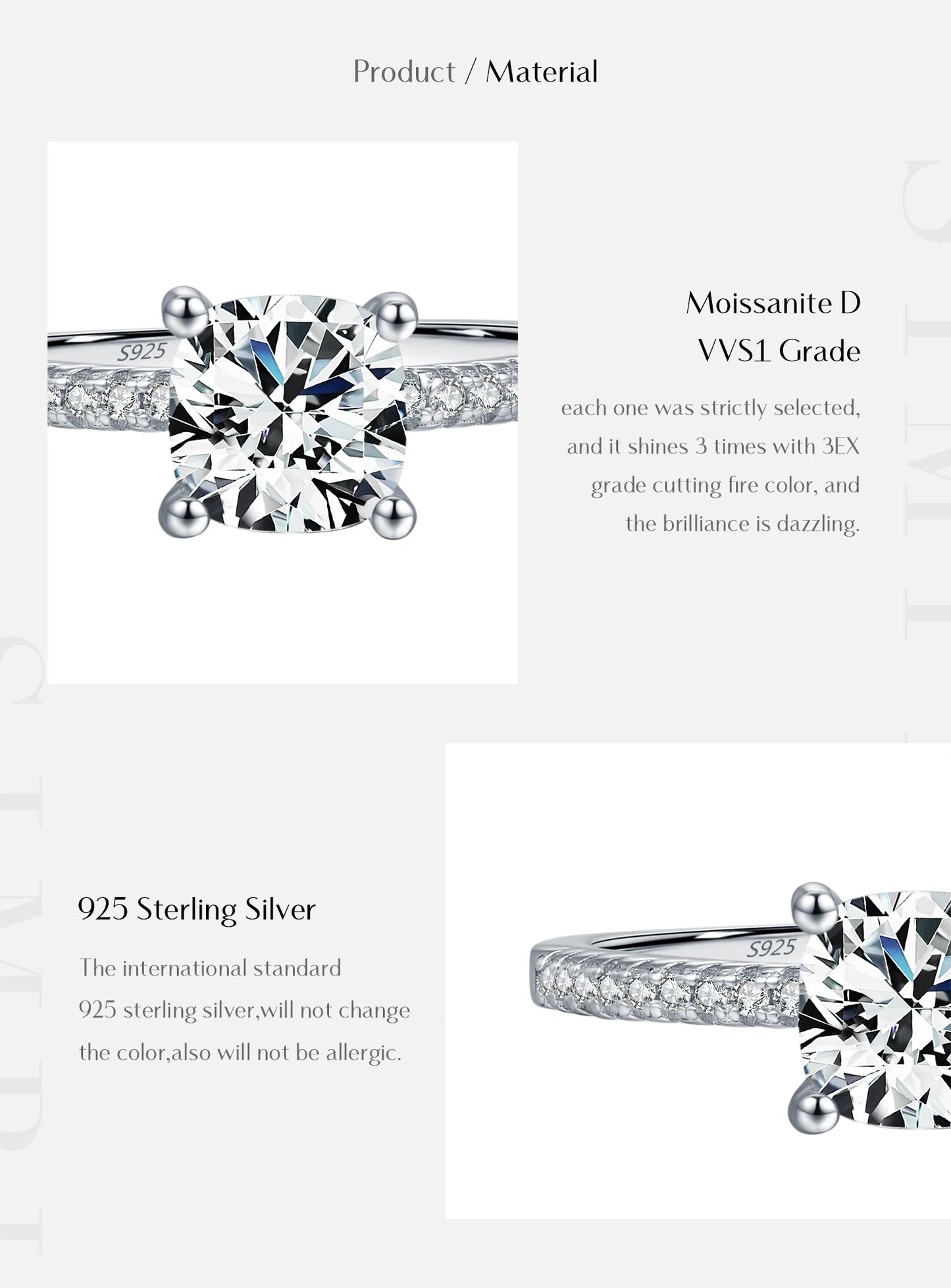 1CT D Color Square Moissanite Rings 925 Sterling Silver Trendy Finger Rings For Women