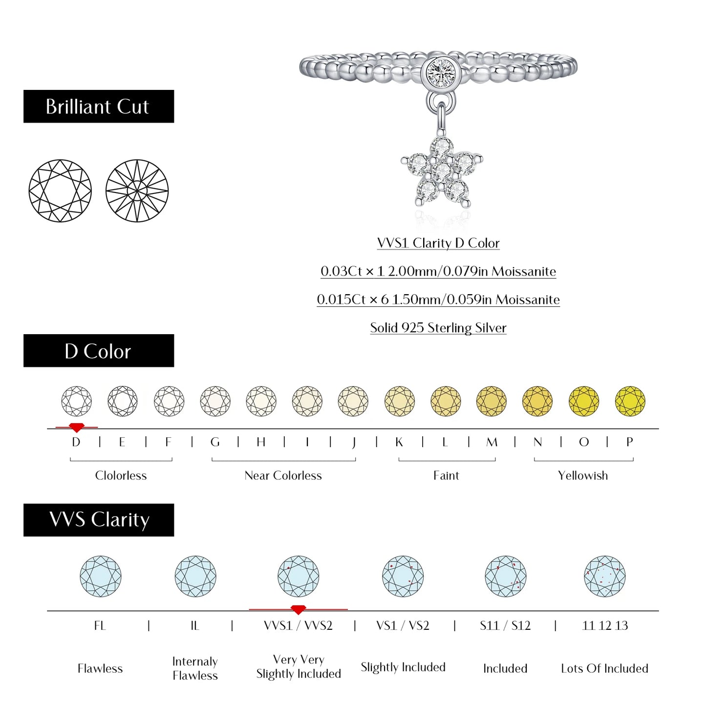 D Color Flowers Moissanite Rings 925 Sterling Silver Beads Shiny Stars Swing Pendant Ring For Women