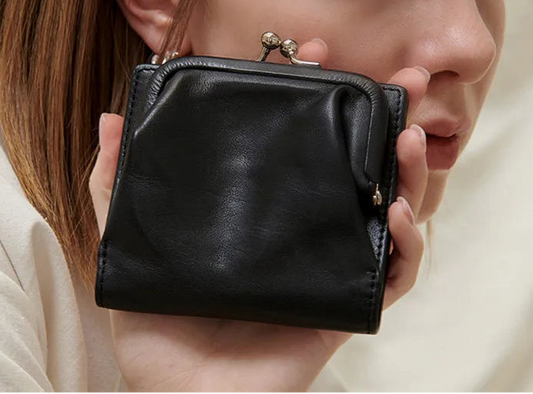 Genuine Cow Leather Small Women's Purse Card Holder With Kiss Lock Coin Pocket Bag